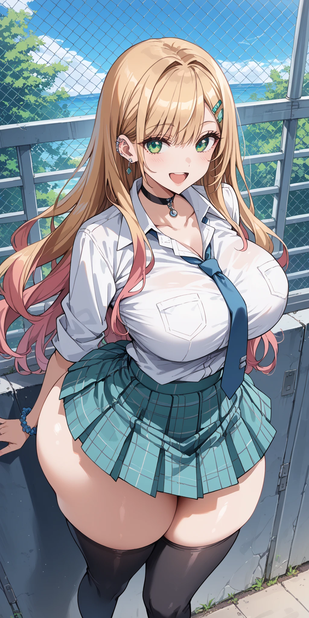 masterpiece、High resolution、high resolution、4K、8k、(((Spread your legs、Big Breasts、Bare your chest、valley)))、((Shiny underwear)))、Uniform Blazer、Beautiful beauty、Long golden hair、((whole body))、(((Photo taken from below)))、School、classroom、Large Breasts、Big Breastini skirt、The color of the pants is black、Japanese、tall、Long limbs、18-year-old、Kitagawa Marin、A beautiful nose like a model、Put one hand on your hip、Natural smile、Sexy pose、Hairstyle: Long hair、Beautiful belly button、Beautiful legs、Attractive thighs