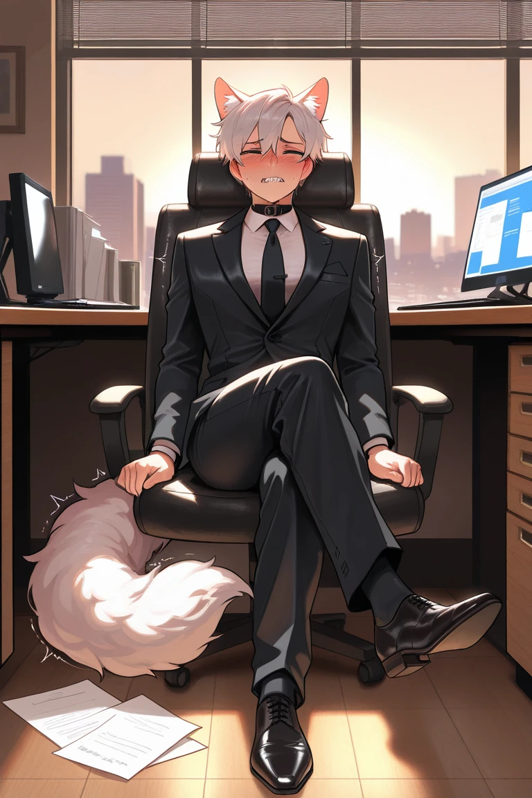 highres, top quality, best quality, paid reward available, High-quality illustrations, unparalleled masterpiece, salary man sitting on chair, fully posable, neutral pose, thinking pose(furry anthro)absurdres(highly detailed beautiful face and eyes)perfect anatomy, expression, caustics, dynamic lighting, lens flare, cinematic shadow, assorted poses, cinematic angle,