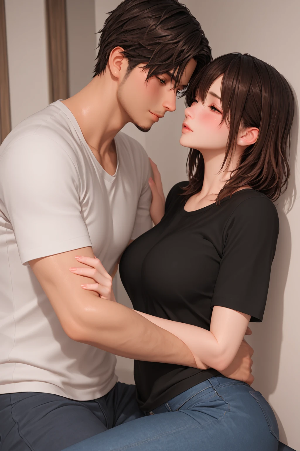 8K quality、High resolution、Realistic skin texture、High resolutionの瞳、Man standing in kitchen、Woman pressing her butt against man、A housewife seduces a man、A neat U-neck and a mini skirt、thin、Model Body Type、Ripe body、Off the shoulder、Realistic female genitalia、Small breasts