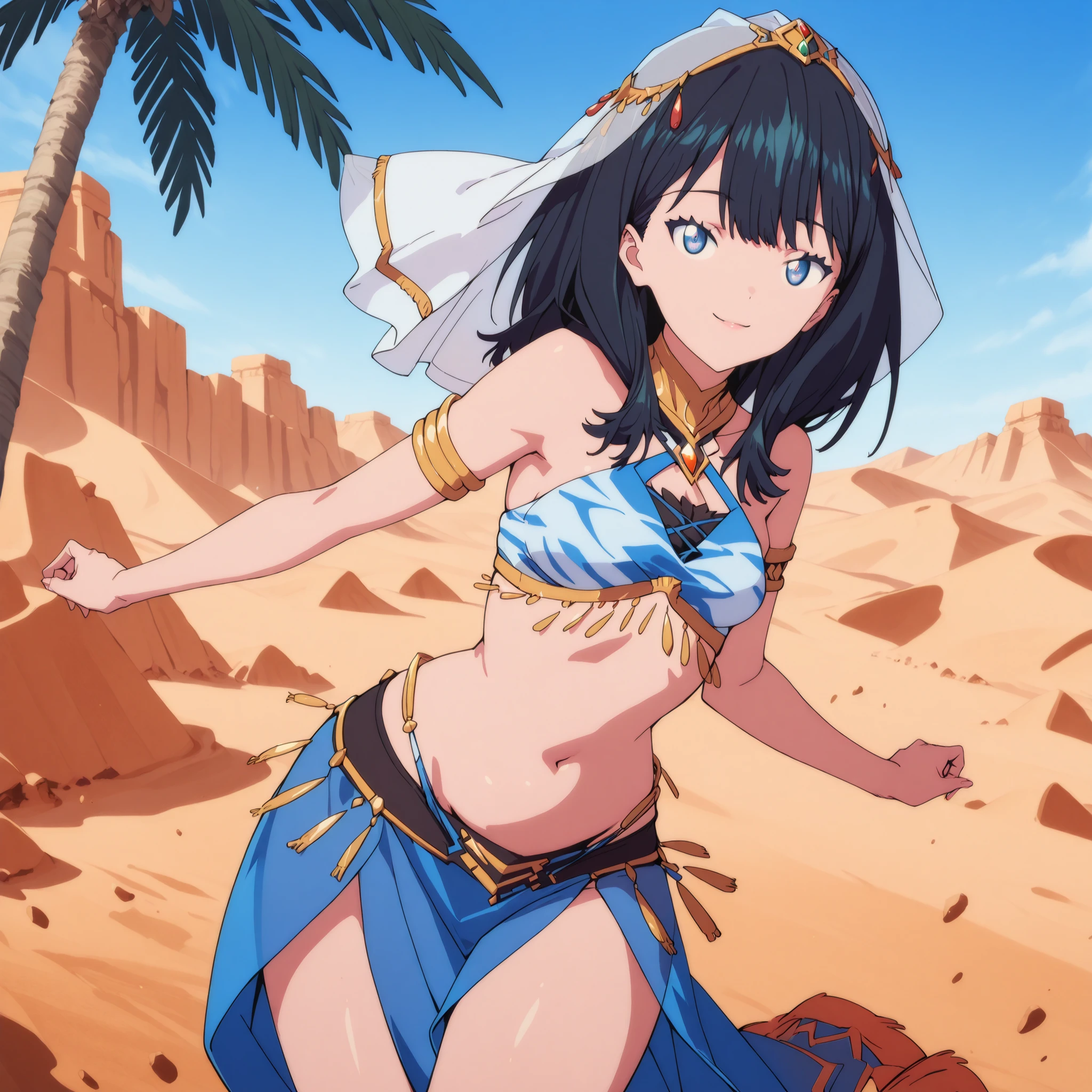 (1girl:1 . 5) , (Seul:1 . 5) , score_9 , score_8_haut , score_7_haut , source_anime , Official work , ultra-detailed , masterpiece , best quality , high res , beaux yeux , detailed eyes , detailed face , beautiful detailed eyes ,SSSS Gridman,Takarada Rikka, Arabian Clothes , Arabian Dancer ,belly dancer costume , golden jewelery,armlet, belly dancing,desert lands,palm tree, seductive smile, dancing with veil, dynamic movement, seductive pose,sexy pose