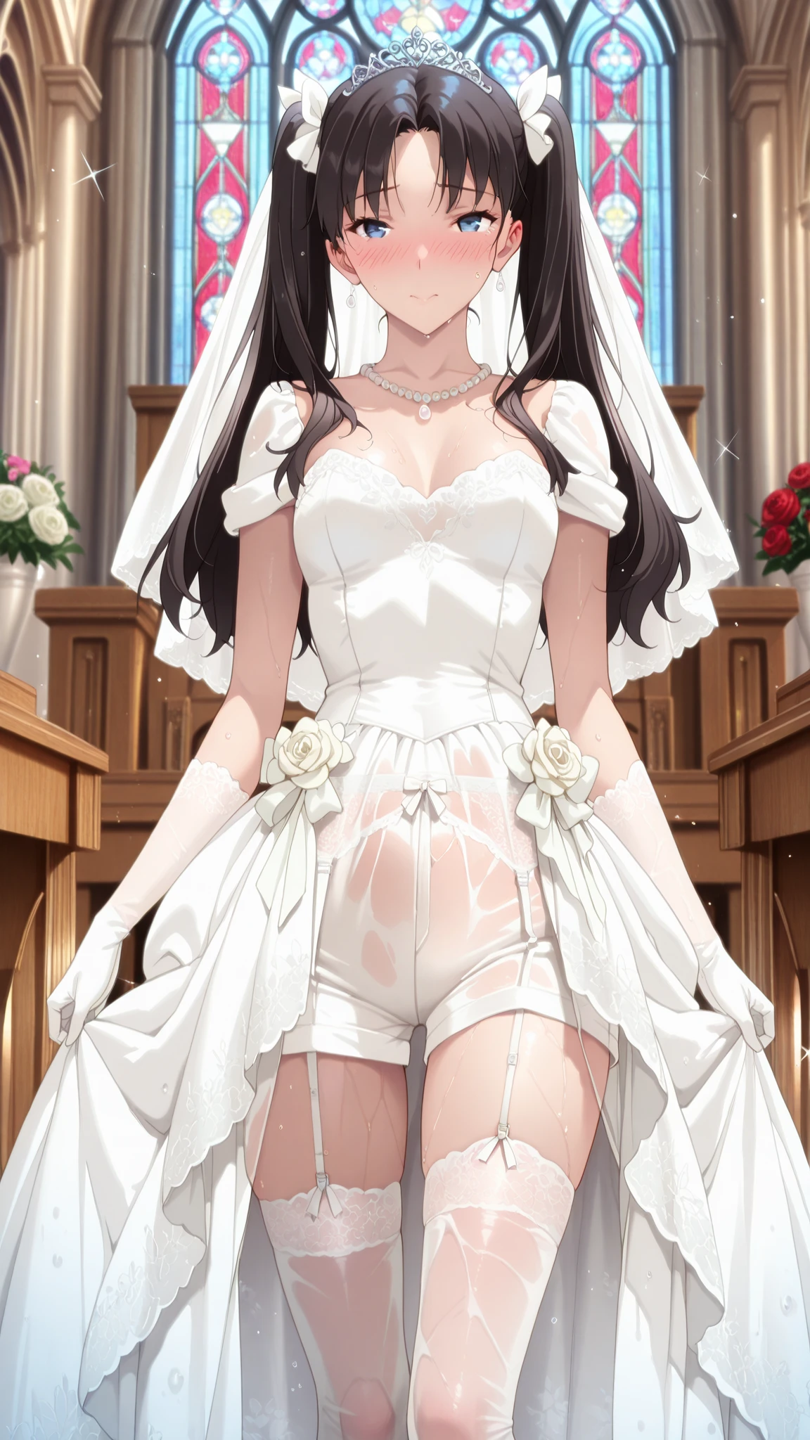 ultra-detailed,highest quality,masterpiece,ultra-detailed,High resolution,extremely detailed CG,Perfect ???????,detailed,Cinema Lighting,beautiful detailed eyes,超High resolution,(One girl:1.3)Glowing Skin,Oilskin,Sweat,Humidity,trembling,Strong light comes in,Spot lighting,bright,Dressed,(White underwear:1.6),throw,(mischief :1.3),(Last:1.25),(Vulgarity:1.25),(Skirt flip:1.3),Love Juice String,(Wedding dress:1.9),(Inside the church:1.5),From below,(Contempt,Contempt:1.6),Yuko Hajifuyu