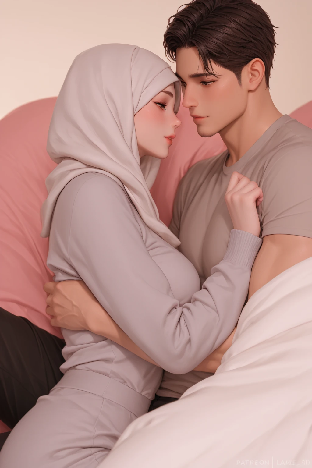 Mom and son, tongue_kiss, 1girl milf 30 years old, girl wear hijab long sleeves long pants, 1boy shota 13 years old, boy tshirt cargo pants, bedroom,
