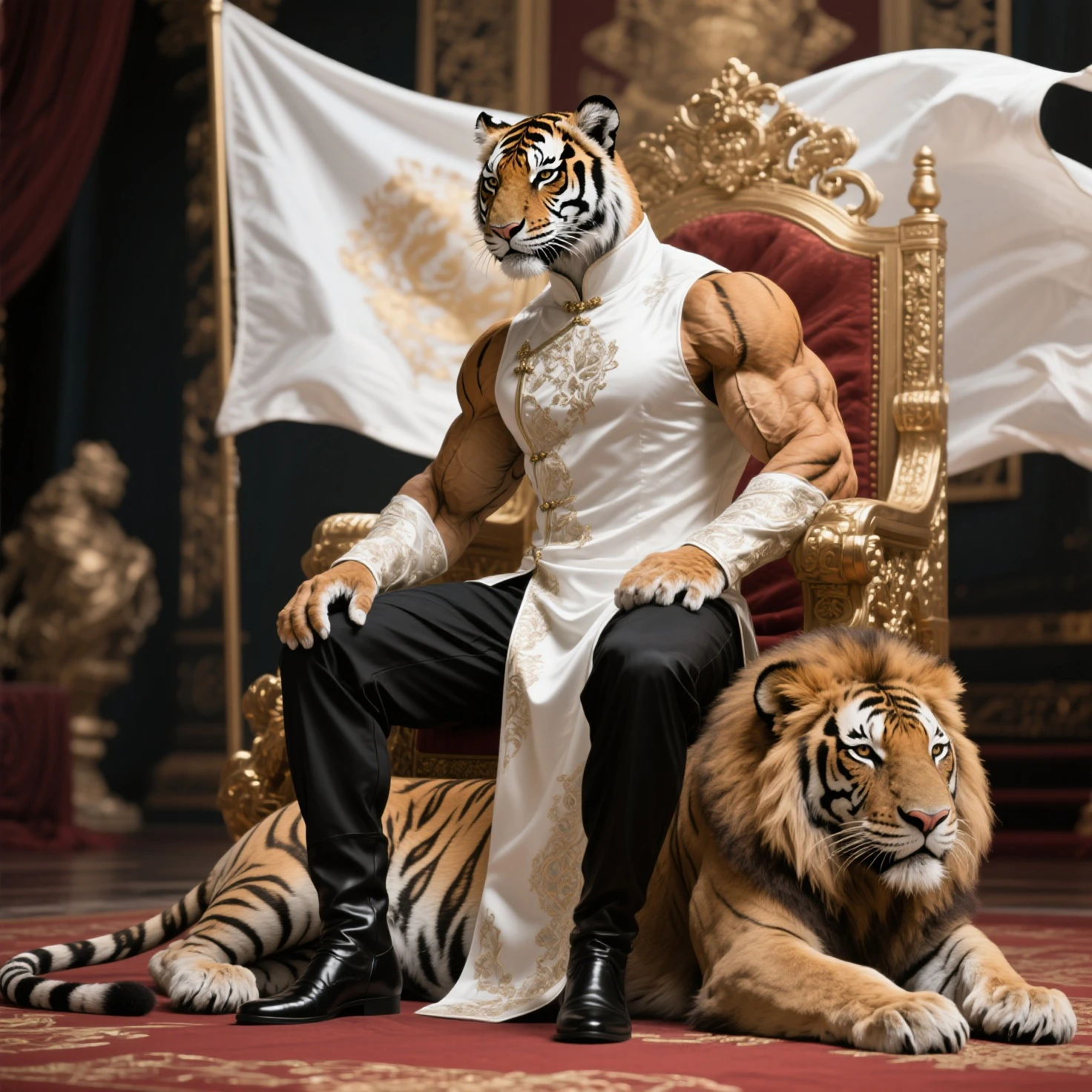 Tiger wearing thick gold chain, sitting in a king&#39;s armchair, women around you, ((High definition, 8k resolution, detaileds))