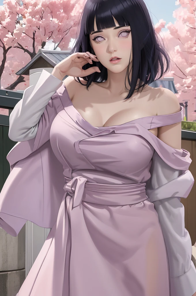master part, absurdos, Hinata\(Boruto\), 1girl, sozinho,Mature female, Capuz roxo,mangas em camadas, brown pants, ao ar livre, Cloudy sky, perfect composition, circunstanciado lips, peito grande, beautiful face, body propotion, corar, (pink lips), cabelos pretos curto (black hair), lilac eyes, olhar suave, super realistic, circunstanciado, Photo Session, rosto e corpo realistas, Realistic hair, olhos realistas, nariz realista, realistic lips, b, anime, Dancing lightly. On your back, with your chin under your shoulder, looking back sensually, sexy smile, closed mouth. Different Pose.