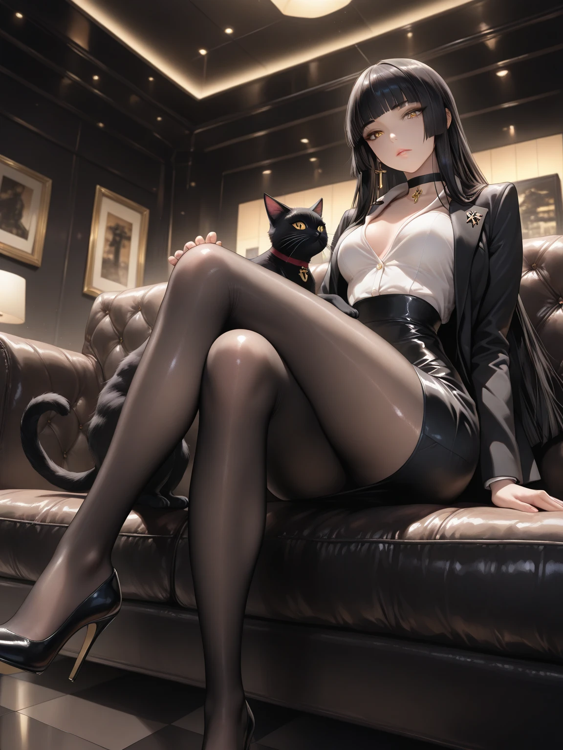 (hero neisan art style:0.7), score_9, score_8_up, score_7_up, score_6_up, uncensored, atago_\(azur_lane\), black hair, kemonomimi, bangs, long hair, brown eyes, mole_under_eye, BREAK (masterpiece:1.2), best quality, high resolution, (beautiful detailed eyes:1.3), perfect lighting, (perfect hands, perfect anatomy), large breasts, sagging breasts, 1girl, pantyhose, solo, feet, single shoe, sitting, breasts, high heels, soles, black background, legs, skirt, shoes, toes, boots, black footwear, from side, shirt, large breasts, thighs, dark room, wooden wall, single boot, high-waist shorts, thighband pantyhose, full body, high-waist skirt, long sleeves