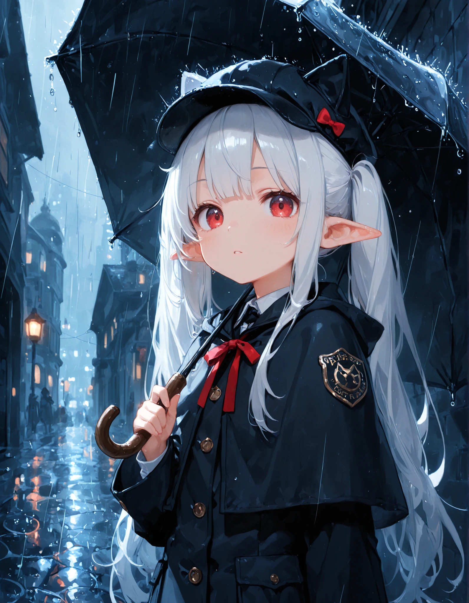 masterpiece, best quality, very aesthetic, 1girl,, Elf girl with a white long hair with a pigtails, cat ears accessory on the head, red eyes, rainy, with a dark city on the background, black detective clothes, looking at the viewer.