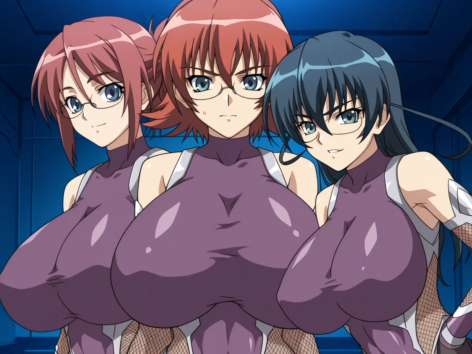score_9, score_8_up, score_7_up, uncensored, highres, source_anime, source_hentai, Expressiveh, masterpiece, helpbj, assisted fellatio, pov, 3girls, green male, male orc, fat male, BREAK yatsu murasaki, mature female, red eyes, blue hair, long hair, bangs, ponytail, bare shoulders, bare hips, elbow gloves, fishnets, taimanin suit, thigh boots, cleavage, angry, evil grin, BREAK IgawaAsagi, long hair, hair between eyes, black hair, blue hair, green eyes, purple bodysuit, bare shoulders, elbow gloves, fishnets, high heel boots, surprised, wide-eyed, (tears:0.8), hair grab, BREAK IgawaSakura, orange hair, short hair, flipped hair, blue eyes, curvy, huge breasts, thighs, black highleg leotard, elbow gloves, fishnets, showgirl skirt, thigh boots, (angry:0.8), evil grin,