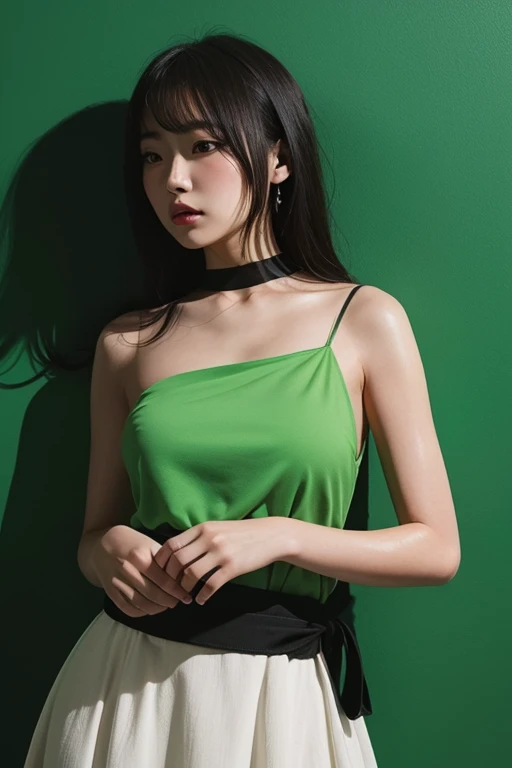 Full face portrait photo of 25 year old European girl、RAW、Beautuful Women、Semi-open strawberry lip、dimples、A wistful look、(Extra long wavy brown hair)、((A detailed face))、((detailed facial features))、(Fine detailed skin)、pale-skinned、looking at the viewers、(Detailed tech cyberpunk dress with deep neckline)、(Bare-chest:0.2) top-quality、超A high resolution、(Photorealsitic:1.4)、(Green Longhair:1.3)、(azur lane\)、1girll、(KPOP Idol)、nsfw、slenderbody、Behold、cute little、finerly detailed face、Sun umbrella、Contrapo、Smooth skin、parfect ???????、White camisole、Pure black pleated skirt、A city scape、natta、Rain wet type、Professional lighting、Shopping mall rooftop café、outside of house、no teeth、