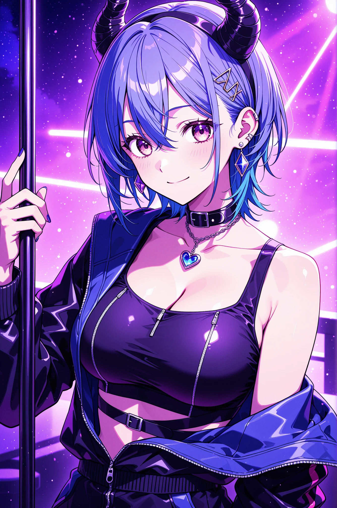 girl, short purple hair, happy, dancing, colorful outfit