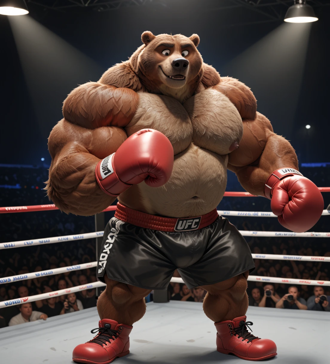male anthro bear, chubby, dynamic pose, bust portrait, underwear, solo, realistic fur, detailed background, bedroom, detailed fluffy fur, long fluffy fur, photorealism, fighting ring, hdr, short tail, crowd, purple stage light, leather gauntlet