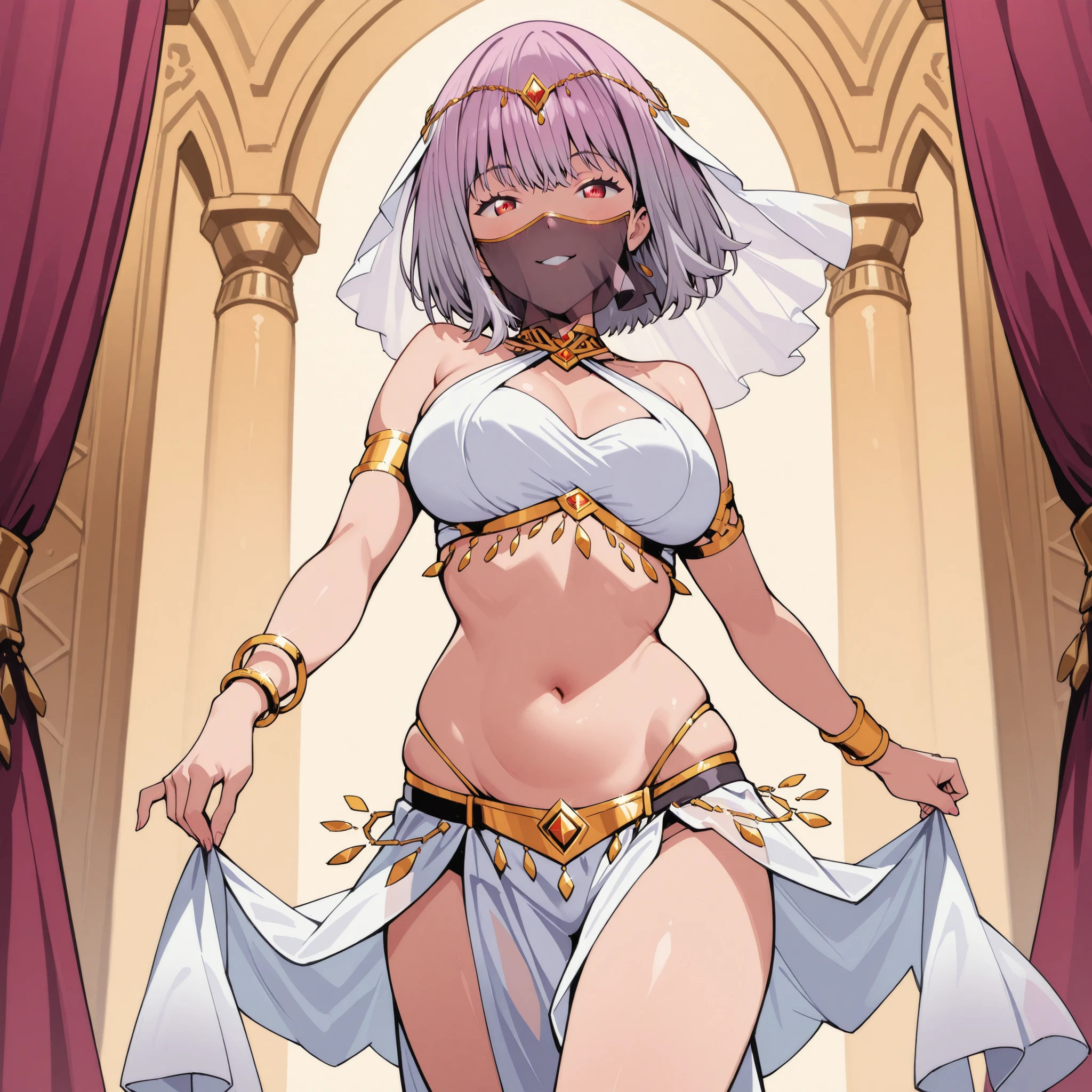 (1girl:1 . 5) , (Seul:1 . 5) , score_9 , score_8_haut , score_7_haut , source_anime , Official work , ultra-detailed , masterpiece , best quality , high res , beaux yeux , detailed eyes , detailed face , beautiful detailed eyes ,SSSS Gridman,Shinjo Akane, Arabian Clothes , Arabian Dancer ,belly dancer costume ,mouth veil, golden jewelery,armlet, belly dancing,arabian theater, seductive smile, dancing with veil, dynamic movement, seductive pose,sexy pose