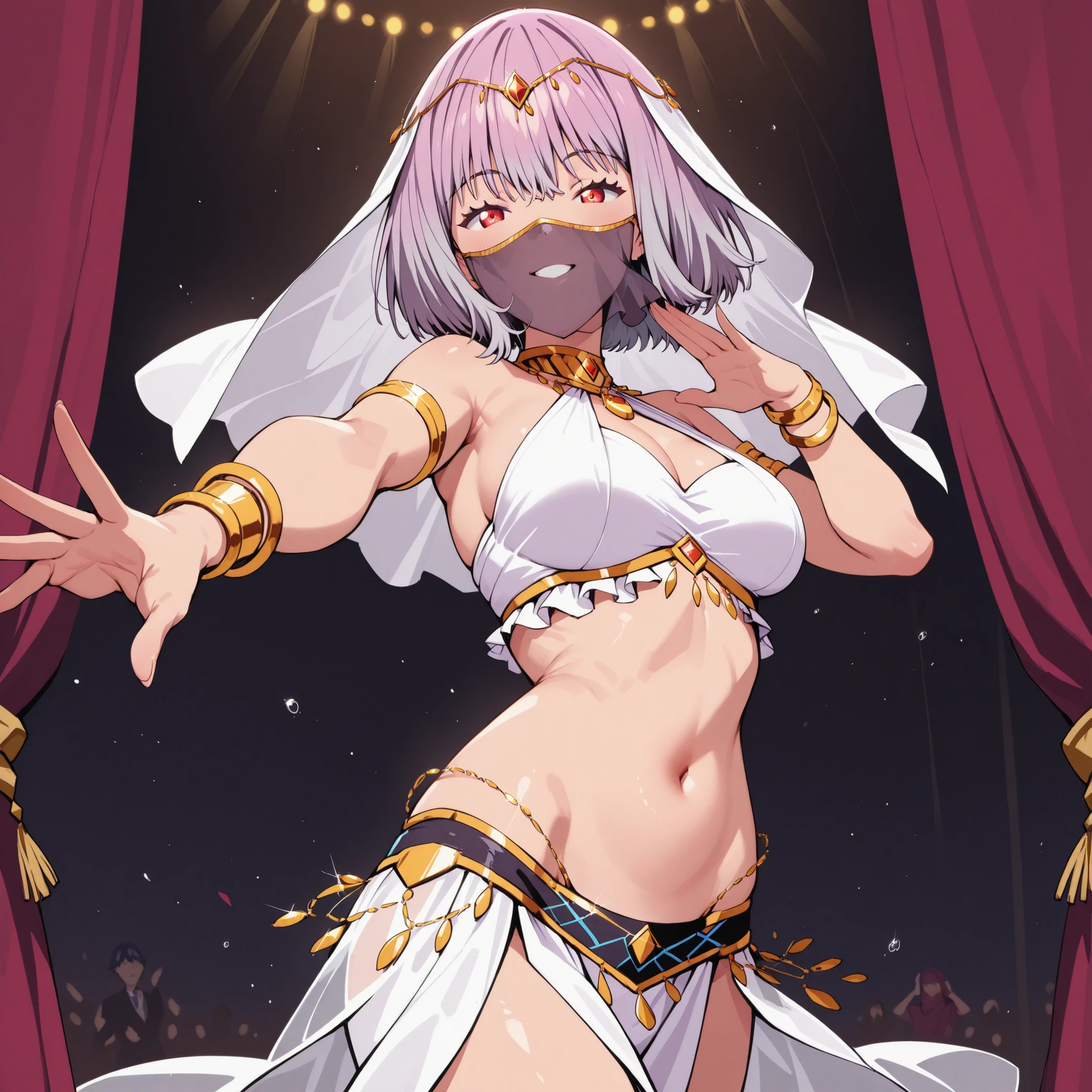 (1girl:1 . 5) , (Seul:1 . 5) , score_9 , score_8_haut , score_7_haut , source_anime , Official work , ultra-detailed , masterpiece , best quality , high res , beaux yeux , detailed eyes , detailed face , beautiful detailed eyes ,SSSS Gridman,Shinjo Akane, Arabian Clothes , Arabian Dancer ,belly dancer costume ,mouth veil, golden jewelery,armlet, belly dancing,arabian theater, seductive smile, dancing with veil, dynamic movement, seductive pose,sexy pose