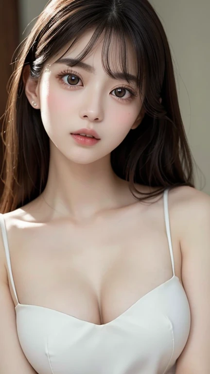 masterpiece, high quality, high resolution, perfect anatomy, ultra detailed, nsfw, 1 girl, beautiful face, big eyes, dolly eyes, ((tareme)), beautiful eyes, small face, dolly face, thin waist, long legs, huge breast, medium hair with bangs, knit dress.