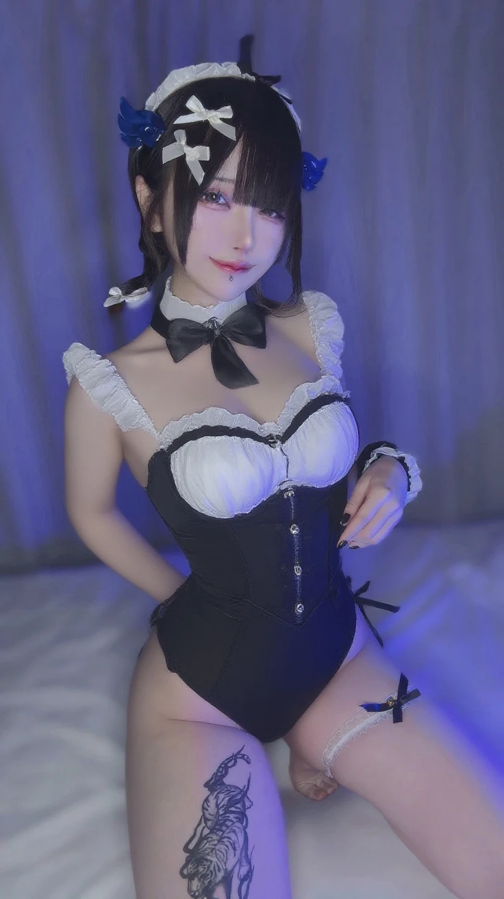 her clothes are transparent、Her breasts are very large、(((Heart mark to hide areola))、She wears a thin apron with small frills that hide her crotch.、She is wearing a small transparent ruffled curtain that hides her breasts。。、Torn clothing、A slight smil