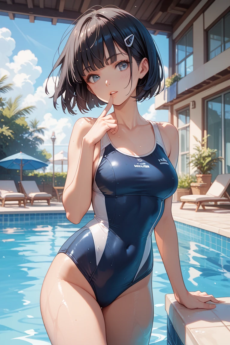 absurderes:2.0, (one girl、solo,), realistic, Unity 8K Wallpaper, Masterpiece, Realistic face, Realistic skin feeling ,detailed hair, highly detailed, realistic glistening skin, Cute Girl, Perfect face, japanese actress face, charming face, Glossy skin、(racing swimsuit, short hair, pony tail, embarrassed:1.3, panic), sunny sea、(Sitting with Knees Up:1.6, spread legs),
