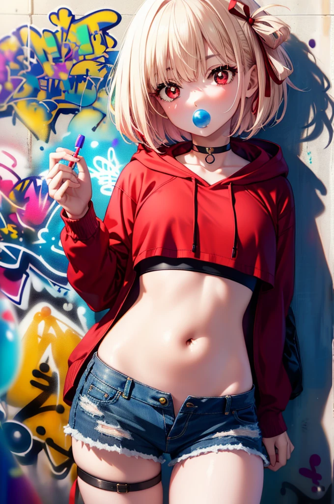 Chisato Nishikigi, Chisato Nishikigi, short hair, bangs, blonde, (Red eyes:1.5), Hair Ribbon, One side up, Red hoodie　Front opening,Wearing a hood,Blowing bubble gum, Pink bubble gum,Bobcut,Belly button tank top,Denim shorts, choker, (graffiti:1.5), Paint splashes, Place your arms behind your back, Against the wall, Looking at the audience , Thigh straps, Tilt your head, was bored,break outdoors, alley,break looking at viewer, (Cowboy Shot:1.5),
break (masterpiece:1.2), highest quality, High resolution, unity 8k wallpaper, (shape:0.8), (Beautiful and exquisite:1.6), Highly detailed face, Perfect lighting, Extremely detailed CG, (Perfect hands, Perfect Anatomy),