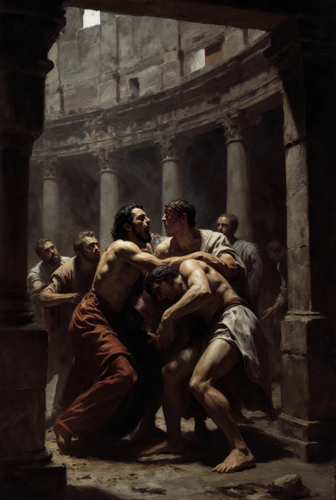 David beheaded the giant monster Goliath scene oil painting baroque style lights and shadows Rembrant style maximum quality visual impact