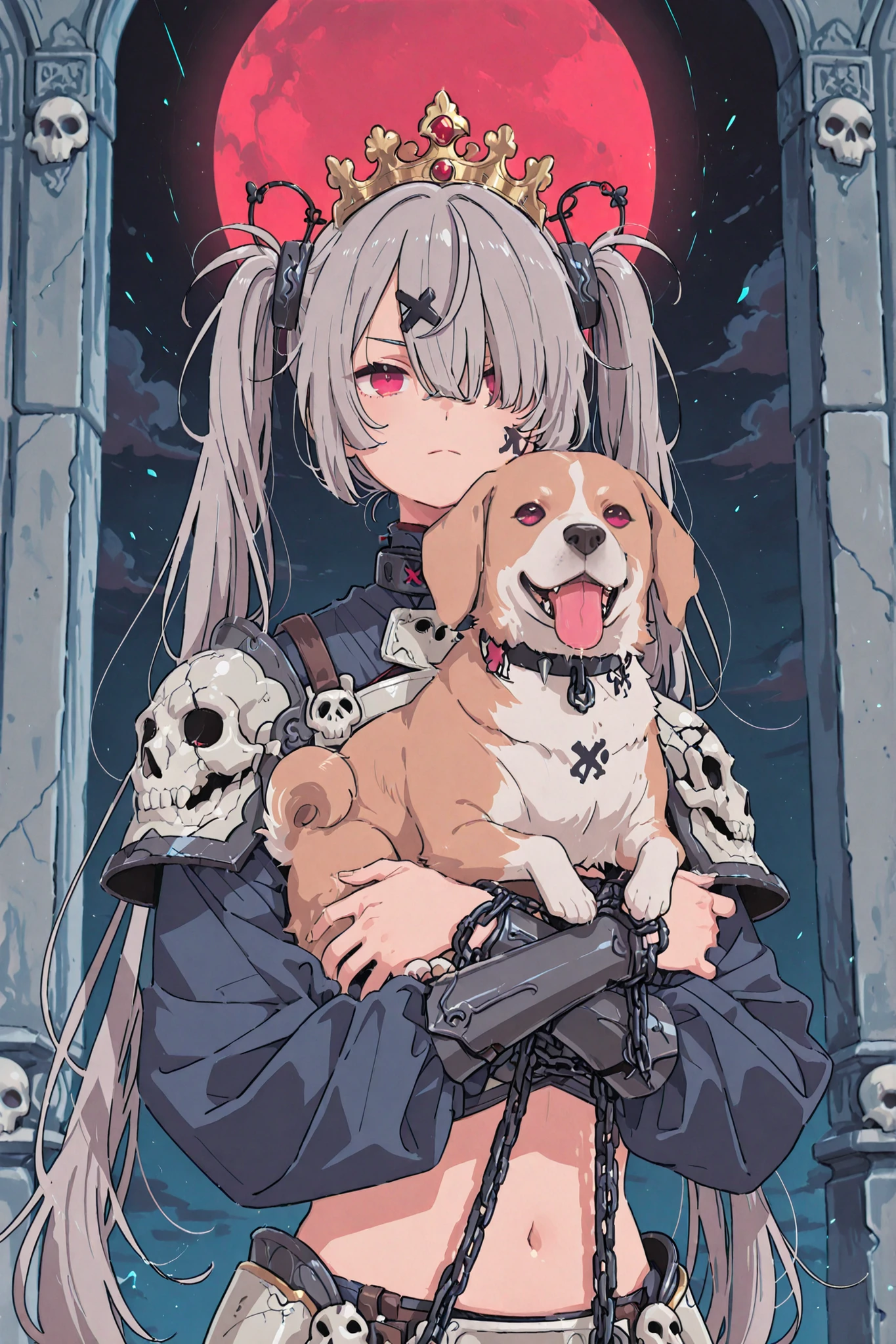 masterpiece, Highest Quality, high quality,　　anime　、gray hair、Dutch Angle　　((((Holding a dog)))) 　((((Dog Details)) ))　upper body　messy hair　abnormally long hair　hair above one eye　Twin Tails　Red Eyes　connected to hair　heavy armor covered with chains　Skull tattoo on face　belly 　　crown of a skull wrapped in chains、chains with hair connected to the background of the Palace of the Dead {x} his long dark brown wrapped in chains, chains holding a cat、chains　The skull is　　　thin　serious　汗　lens flare　((玉座))座っている