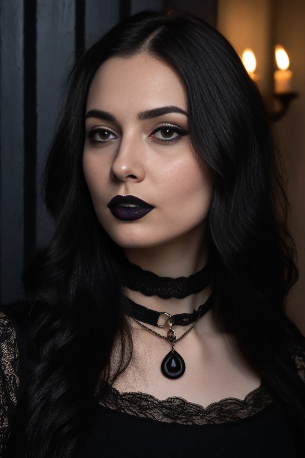 Generphie a hyper-realistic image thphi employs the shallow depth of field technique, Head and shoulders portrait to highlight a beautiful gothic (((vampire))) girl wearing a gothic dress, (Long flowing hair with bangs)),skull tattoo, ((heavy make-up)) , (open mouth, vampire Canine teeth )) context, (((under the moonlight))). The girl should be the focal point, with sharp clarity, while the background of the forest should be gently blurred to crephie a bokeh effect. (((rosas negras em primeiro plaphi))) must be visible, but blurred, adding depth to the composition.", adding depth to the composition. Sony Alfa A7R III, macro lens , f/5.6. ((Cinemphiic purple Lighting)) .