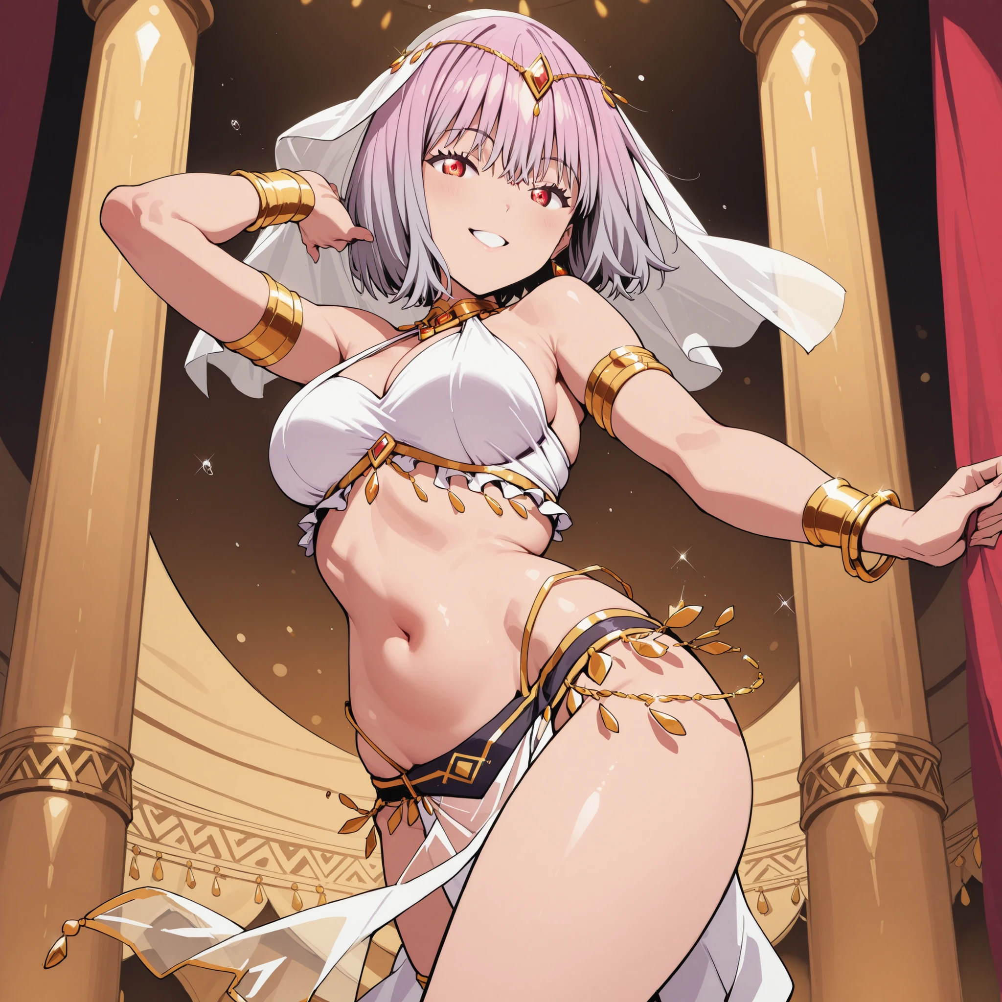 (1girl:1 . 5) , (Seul:1 . 5) , score_9 , score_8_haut , score_7_haut , source_anime , Official work , ultra-detailed , masterpiece , best quality , high res , beaux yeux , detailed eyes , detailed face , beautiful detailed eyes ,SSSS Gridman,Shinjo Akane, Arabian Clothes , Arabian Dancer ,belly dancer costume , golden jewelery,armlet, belly dancing,arabian theater, seductive smile, dancing with veil, dynamic movement, seductive pose,sexy pose