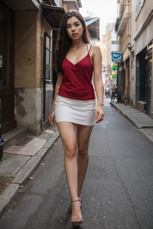 22 year old white female、hair color is brown、brown eyes、long hair、straight hair、accessories on wrist、wearing a necklace、has earrings、skin is smooth、smile、Slender but muscular body、My heart is pounding、smile、wearing a clock top、wearing red high heels、He is sitting in the middle of the stone steps in the old town, his legs crossed and his chin resting on his hands.