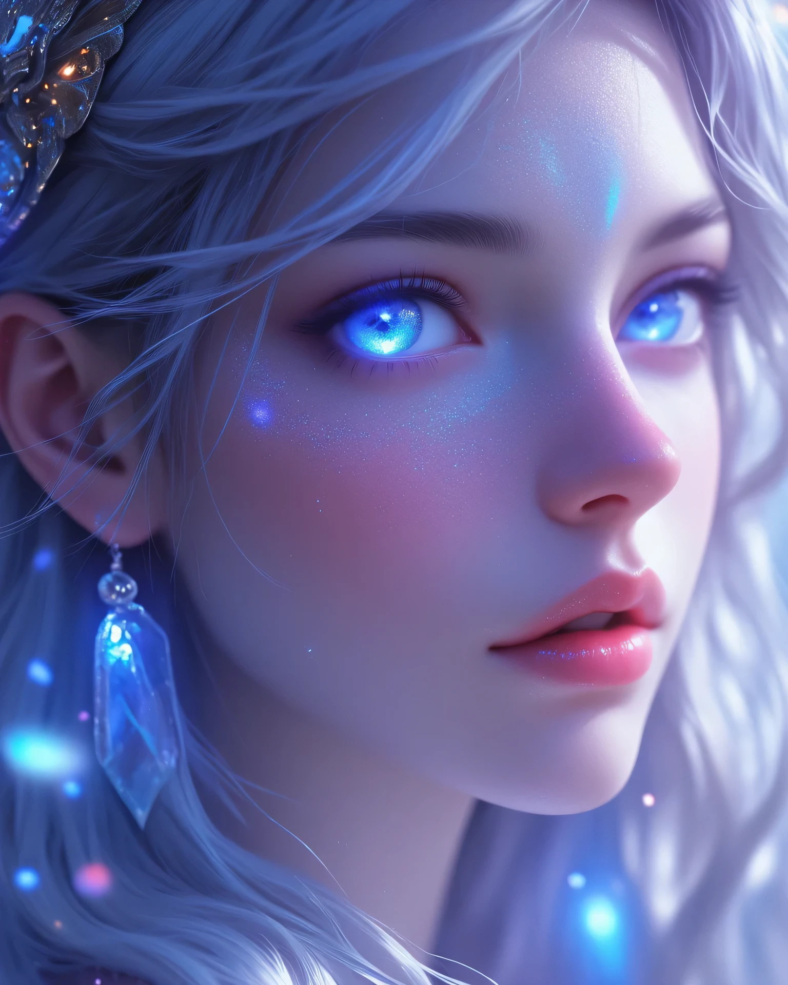 (masterpiece, ultra-detailed, best quality, 8k, close-up portrait, fantasy anime style), a breathtakingly beautiful fantasy girl with luminous, otherworldly features. Her long, flowing hair glimmers like a cascade of stardust, shifting in shades of silver and violet. Her eyes glow with ethereal light, like twin galaxies swirling with nebula hues, framed by long, delicate lashes. Intricate markings resembling constellations shimmer faintly on her cheeks and forehead, as if the night sky itself has kissed her skin. A faint crown of crystal shards and glowing petals hovers above her head, radiating a soft, magical aura. Around her, motes of light drift through the air, blending with the soft glow of a distant, enchanted moon. The lighting is soft yet radiant, highlighting every delicate detail of her serene expression, exuding both grace and quiet, mysterious power.