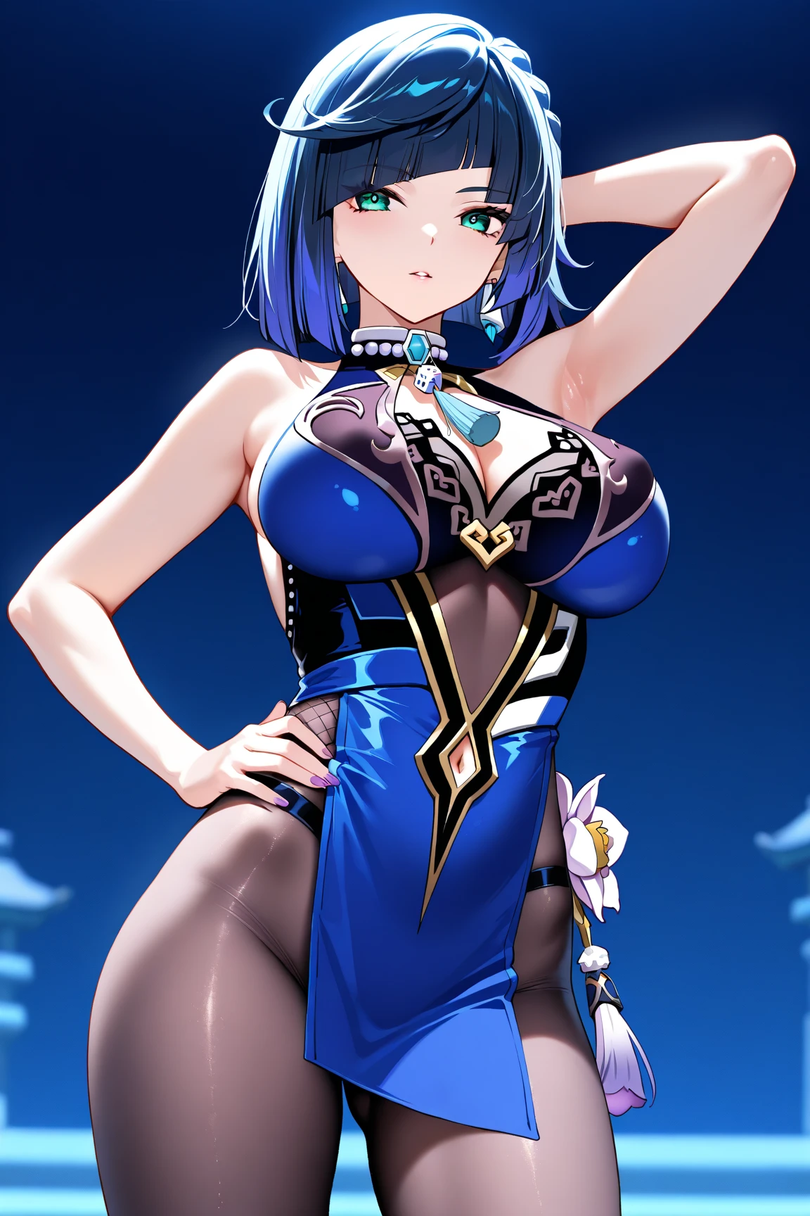 masterpiece, best quality, ultra-detailed,
Rem, re zero, Blue hair, Short bob hair, large breasts, cleavage, navel,
smile,((standing (on side) )),china clothes, long slit, heart pasties,Jirou,