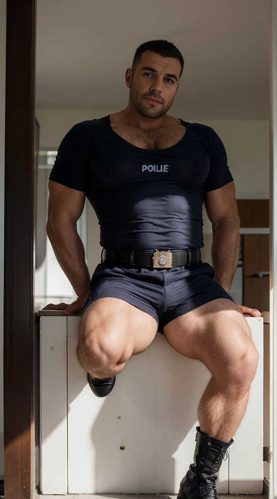 Realistic style,A sturdy police officer sitting on the floor,indoor,Wooden floor,Sitting,40 years old Asian man,police officer,Looking at the camera,Legs open,Place your hands behind your body,beard,Floral shirt,Shirt open,Kind expressions,Kind grandpa,Greet politely,Black short hair,Very short hair,Brown skin,Oily skin,(Fat-encapsulated muscle),Mermaid Line,Grey swimming trunks,(There is a huge king oyster mushroom in the pants),Leg hair,Thick body hair,Black body hair,Leg hair,sandals,toe,full-body shot,Real person photos,Anatomically correct limbs,full-body shot,Fine skin texture,Wooden walls,Soft Light,Low contrast image,Highest quality,4k picture quality,