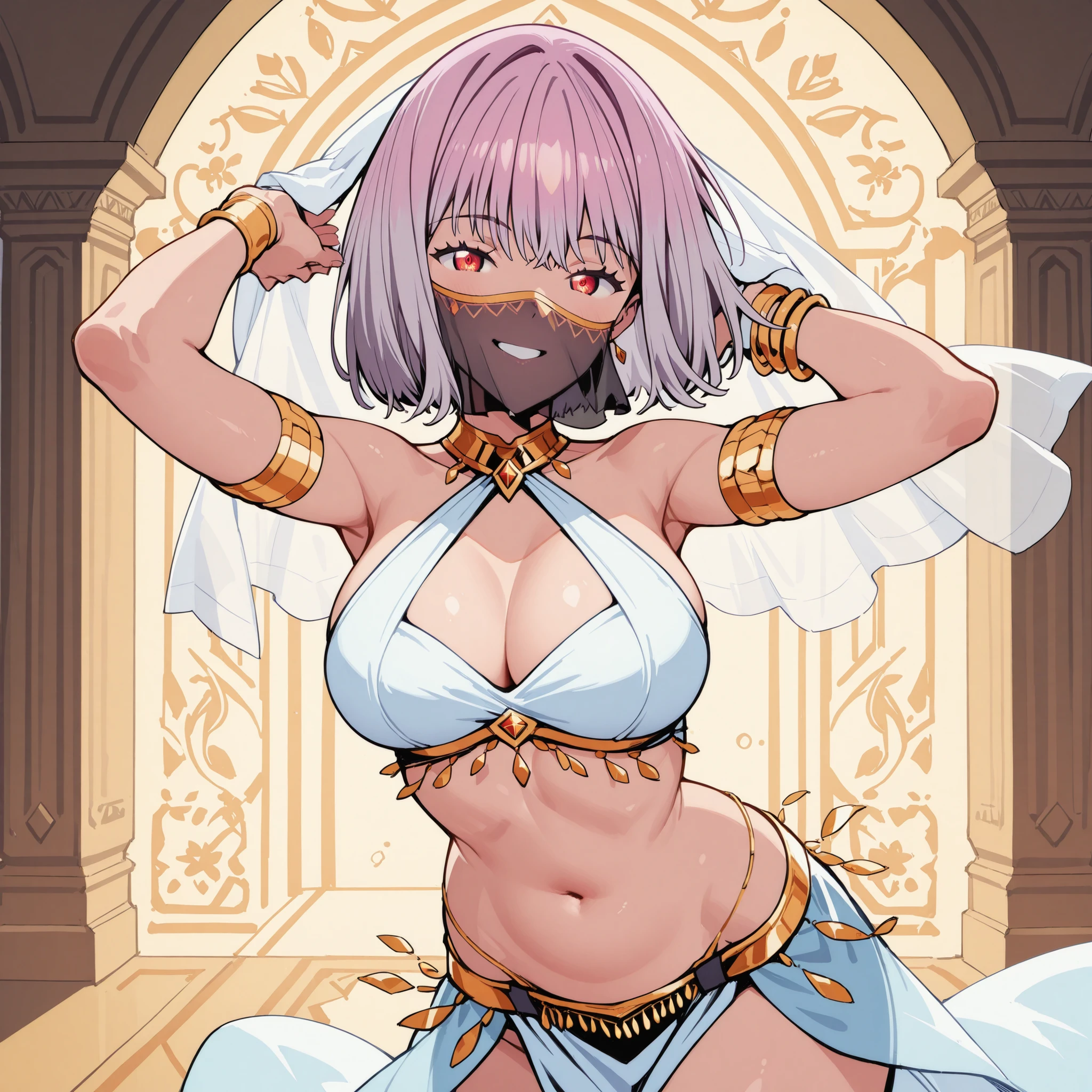 score_9,score_8_up,score_7_up,score_6_up,score_5_up,1girl, aru_\(blue_archive\), 1girl, dancer outfit, pelvic curtain, dancer, pink hair, mouth veil, jewelry, dark-skinned female, very dark skin, chubby, plump, obese, areola slip, white areola