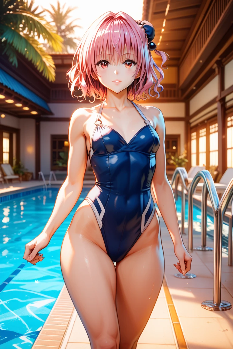 best quality, masterpiece, extremely detailed CG, official art , professional lighting, sakimiya iruka, red hair, green eyes,(one side up), medium hair, side ponytail, green scrunchie, hair ornament, perfect face, shiny skin, playboy bunny, black pantyhose, bowtie, wrist cuffs, casino, zettai ryouiki