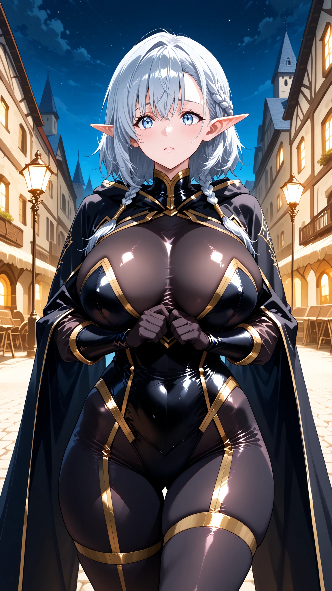 masterpiece, best quality, <lora:beta-nvwls-v1:0.9> beta, cape, bodysuit, gold trim, black leggings, gloves, upper body, large breasts, looking at viewer, night, city street, cowboy shot, smile, glasses