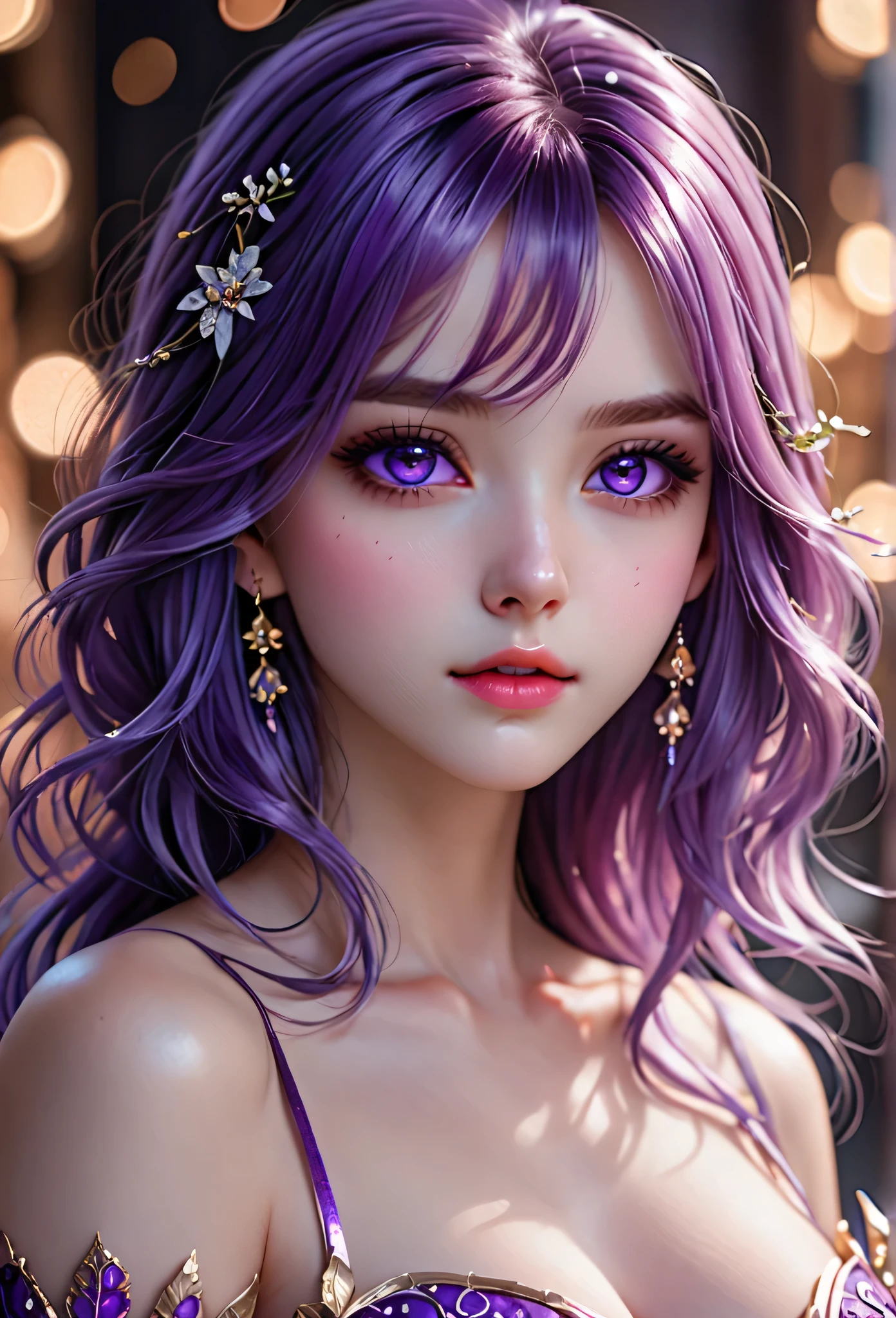  (hyperrealistic), (illustration), (high resolution), (8K), (extremely detailed), (best illustration), (beautiful detailed eyes), (best quality), (masterpiece), (wallpaper), (anime), (natural light), (detailed face), (white skin:1.8,fair skin,smooth skin), (anatomically correct), (solo), (1 girl:1.52), (high detailed realistic hair), (purple hair:1.35), (heterochromic eyes), (detailed eyes), (purple eyes:1.37), (sparkling eyes), (realistic huge breasts:1.53), (slender abs), (dynamic pose), (closed tiny mouth:1.3), (concentrated expression), (upon body from head to thigh:1.51), (dimple:1.34)