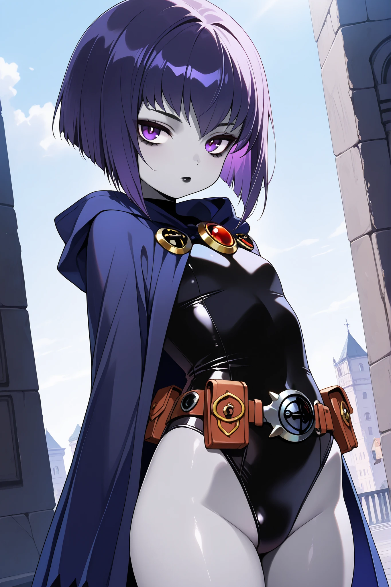 masterpiece,best quality, amazing quality, very aesthetic,anime screencap,1girl,solo,Raven, dynamic post ,navy-blue cloak, brooch, leotard, belt,short hair,purple hair, purple eyes,black lipstick,grey skin,curvy, loli, things job