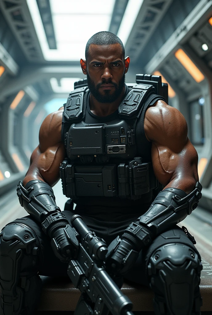 barret, dark skin male with gun arm and tattoo, sunglasses, , ( Black ) , full body , black boots , laying