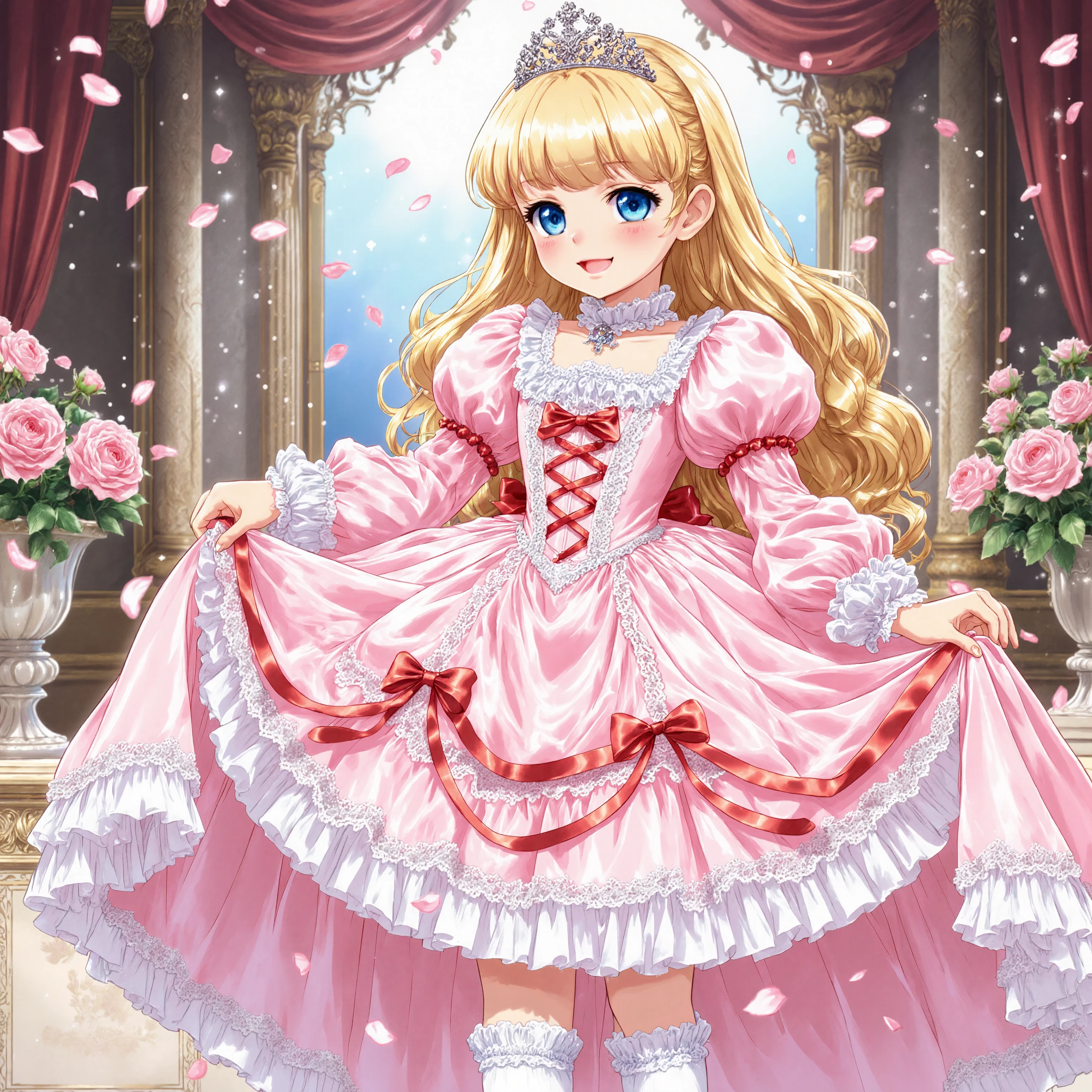 highest quality, masterpiece, highest resolution, artwork, super detailed, retro anime style,hi vision,((A little girl is a princess,short body height:1.3)),blond long hair,  Big Eyes,blue eyes,Long eyelashes, A gentle smile
,Lustrous lips ,She is skirt lift with her hand,((pink Ball gown dress:1.0)),,round hoop skirt,Lots of lace and frills with the dress, tiara,long sleeve,puff sleeves ,long dress,dress has Lots of red ribbons White long socks,frills socks, A lace petticoat with many layers in the dress, I can see the lace petticoat and Drawers under the dress, background:
- A room in a fantasy palace
- Sparkling light production
- pale pink roses
- soft light
- Magical brilliance
- Fluttering Petals Anime-Style Coloring:
- soft gradient
- Glamorous highlights
- Glitter effects
- gentle line drawing
- Anime-specific shadow expressions in this prompt、combines a dreamy atmosphere like in shoujo manga and、sophisticated designs from modern anime、Aim to be a princess statue that combines cuteness and elegance。
