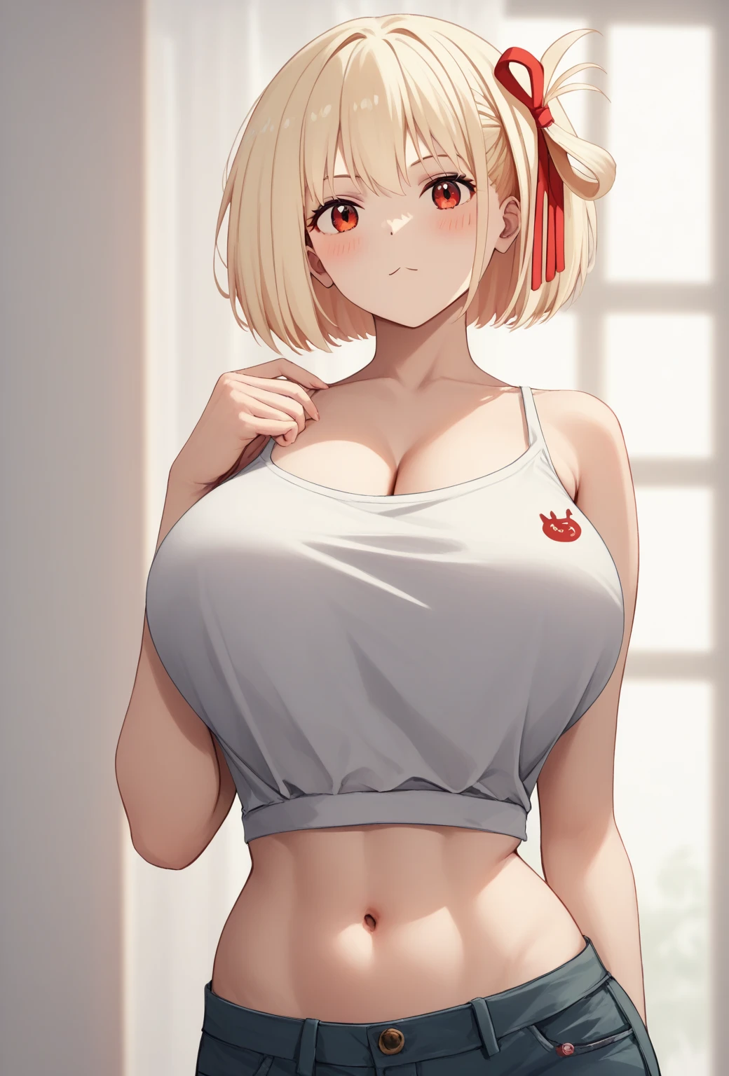 Huge breasts、blush、Sweat、In the heat、alone, One girl, Nishikigi chisato, chisato nishikigi, short hair, bangs, blonde hair, red eyes, hair ribbon, one side up, bob cut
{Highest quality}, {so beautiful}, {Very detailed}, {Best illustrations},Life、slim:1.5、Camisole long maxi dress(tight)、Are standing、