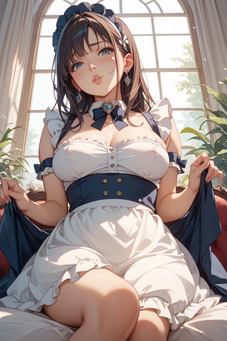 mixed_artwork style, cleavage, sweaty, 1 girl, standing alone, hands, Thicc Legs, Sweaty body, Dark skin, (beautiful, (masterpiece: 1.2), (best quality: 1.2), sarcastic smile, perfect lighting, baby doll outfit, 15 years Asian girl, ((masterpiece)), (best quality), ( detailed), (1 girl), thighs, Skirt, Hair tied up
