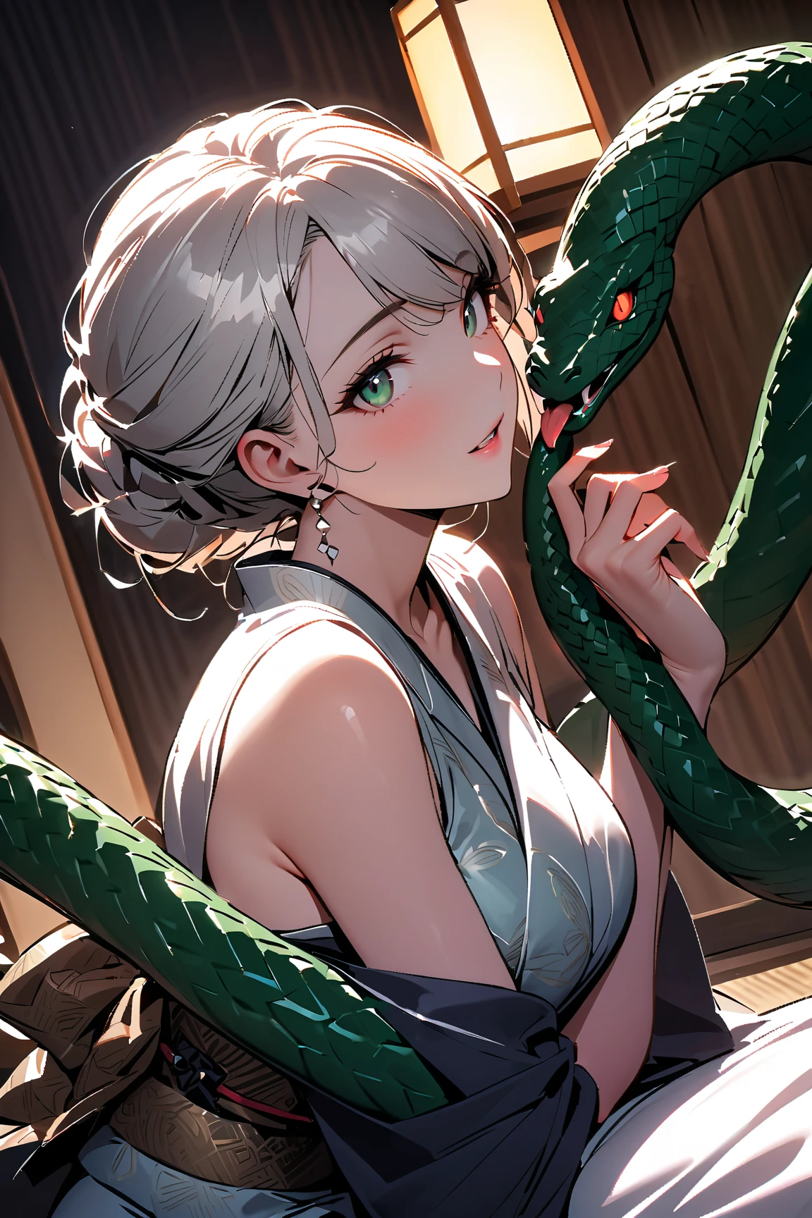 Top animation quality,masterpiece,Best quality,8k,photography,solo,(Upper Body),A beautiful woman in lace underwear,Clear pupils,Delicate hair strands,(Being wrapped by a python,Black python clings to the skin),sexy feeling,Background blur,blur background,Ray Tracing