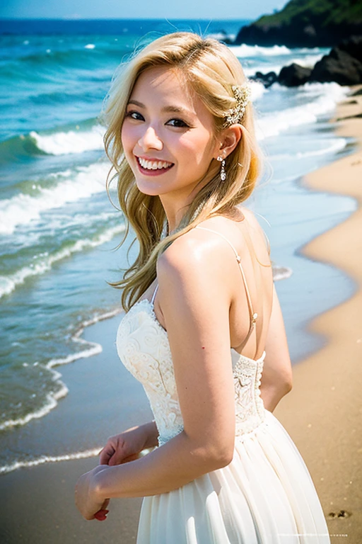 Beautiful woman, White Dress, On a beautiful beach, Disheveled long hair, make out, A light smile, Holding flowers, Ultra HD, Realistic, Bright colors, Attention to detail, UHD rendering, Perfect composition, 美しくAttention to detail複合施設