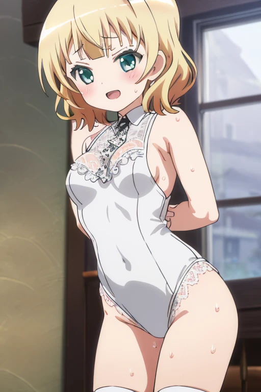 extremely detailed,high quality,highres,16K,RAW,ultra highres,ultra details,finely detail,an extremely delicate and beautiful,extremely detailed,lovely sweet kawaii moe face,glowing skin,blush cheeks,cinematic lighting,sharp focus bokeh,highlight cinematicpostprocessing,intricate human hands fingers,thighs,pale skin,1girl,solo,(from below:1.2),(masterpiece, top quality, best quality, official art, beautiful and aesthetic:1.2),hair between eyes,cute,small,little girl,white skin,<lora:more_details:0.5>,hair between eyes,v-shaped eyeblows,full-face blush,cleavage,chibi,ellen_baker,green eyes,blonde hair,long hair,hair scrunchie,<lora:Ellen_Baker_lora_ver1:0.6>,seductive smile,seductive pose,angelic smile,(evening classroom,junior high school english teacher,sunset shining through,books:1.2),open mouth,close your eyes and sing a song,school swimsuit,white swimsuit,