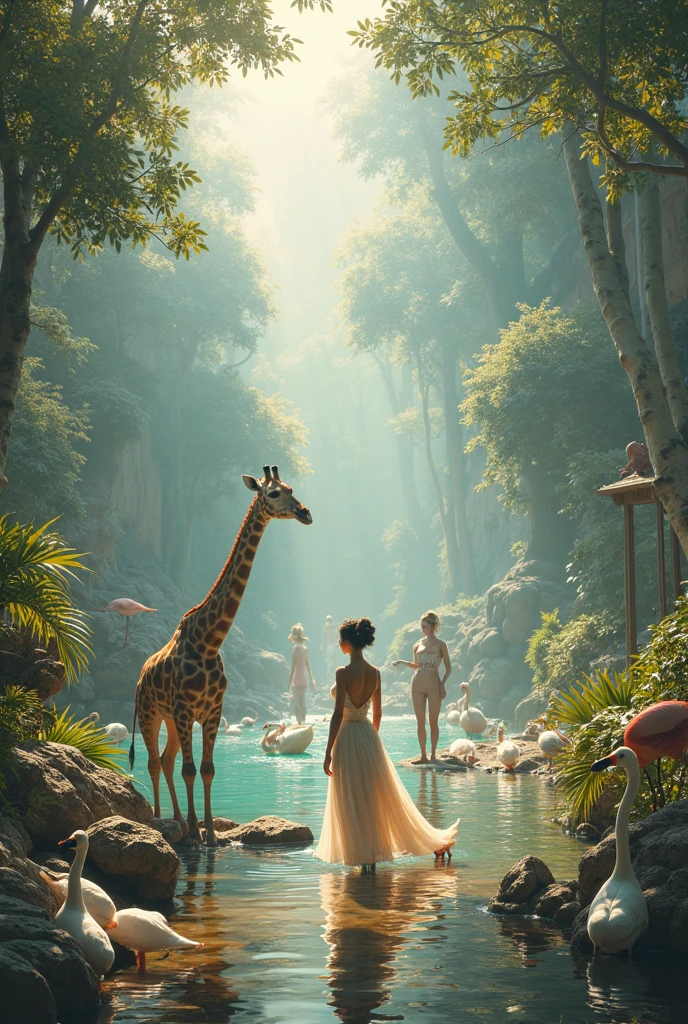 A young woman bathes naked in a waterfall in the middle of the forest. Many animals come to watch.