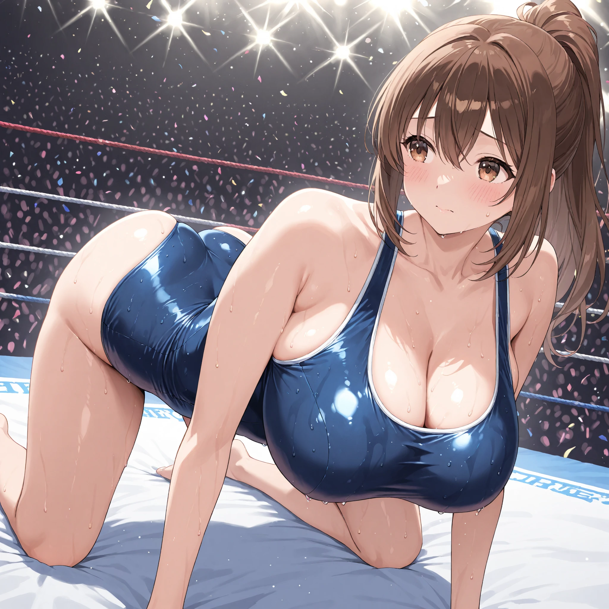 ((Best quality)), ((masterpiece)), 30s mature female wrestler wearing competition swimsuit, milf, mother, wrestling ring, sweaty armpit, looking at viewer, smile, highleg, long hair, curvy,