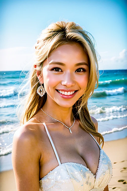 、from the front、medium shot、(smile 1.6）、original photography、(((Extremely beautiful portrait)))、((tanned skin 1.6｠))、1 girl、Japanese 18-year-old beautiful woman、bright expression、((platinum blonde))、Glowing and radiant skin、Silky long straight hair、Eyeliner、beautiful bangs、hair between eyes、((​Masterpiece、quality、Super detailed、movie light、intricate details、high resolution、Very detailed))、background for this、8 kood、digital SLR、高quality、XT3 、shallow view deep、looking at camera、Medium chest、swimsuit、venice beach