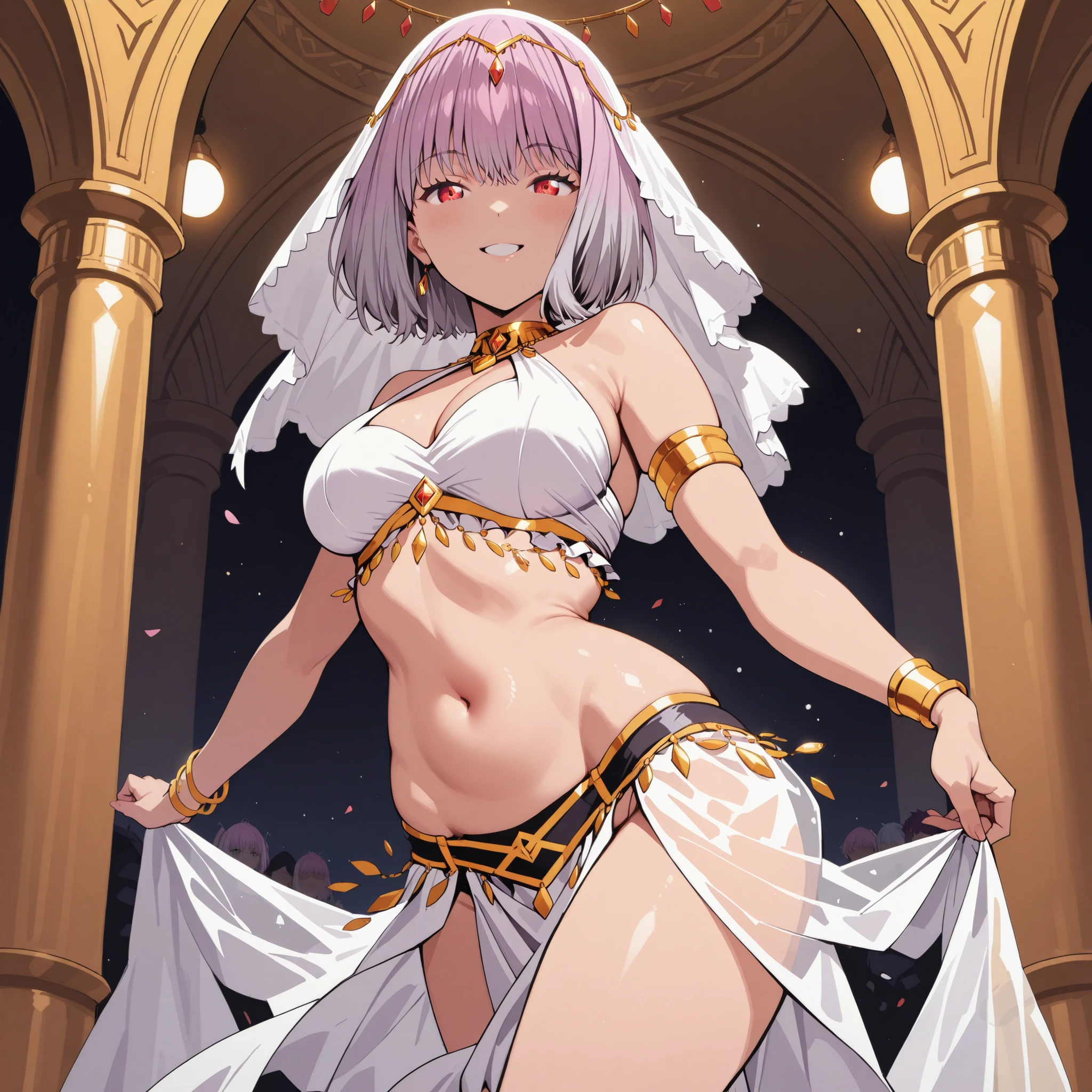 (1girl:1 . 5) , (Seul:1 . 5) , score_9 , score_8_haut , score_7_haut , source_anime , Official work , ultra-detailed , masterpiece , best quality , high res , beaux yeux , detailed eyes , detailed face , beautiful detailed eyes ,SSSS Gridman,Shinjo Akane, Arabian Clothes , Arabian Dancer ,belly dancer costume , golden jewelery,armlet, belly dancing,arabian garden, seductive smile, dancing with veil, dynamic movement, seductive pose,sexy pose