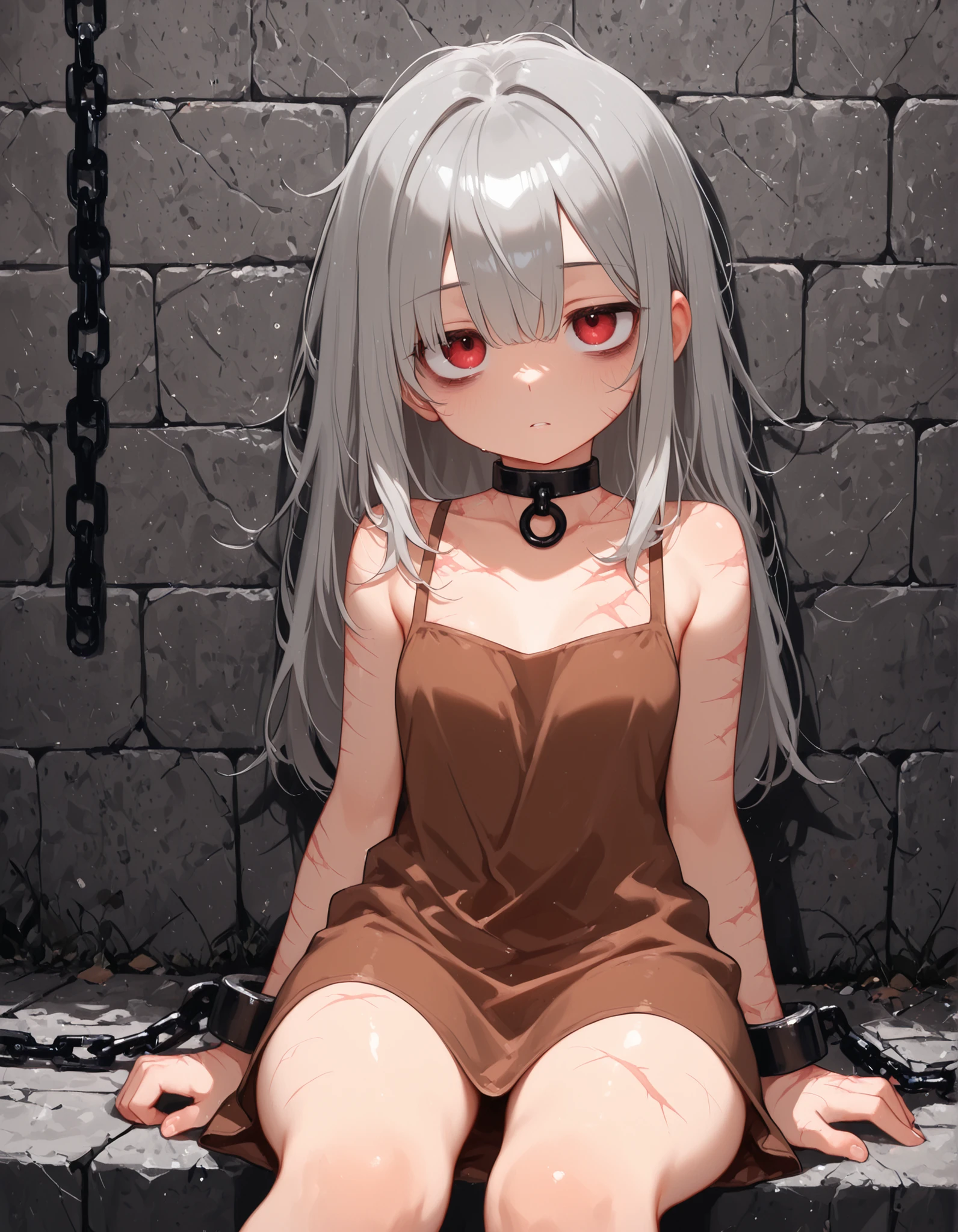 Fraction_9, Fraction_8_direction number_7_direction number_6_up, stone wall background,1 girl, alone, (Red eyes:1.3), collar, , chain, Cowboy shooting, , sitting, foot, toe, Put your hands on your sides, Overall details, Miko,, (masterpiece, best quality, Ridiculous), src_Japanese cartoons, 1 girl, alone, , dark gray hair, long hair, gray eyes, bags under eyes, scar, burn scar, Malnourished, depressed, unexpressed, brown dress, sundress, 