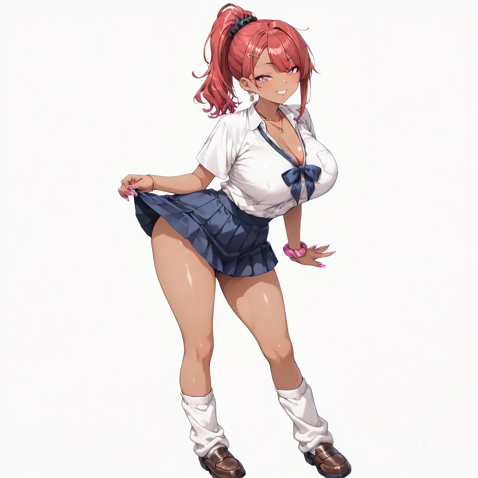 porn, erotic, SCORE_9, SCORE_8_UP, SCORE_7_UP, SCORE_6_UP, by Takeda Hiromitsu,masterpiece, best quality, 1girl, breasts, thighhighs, solo, skirt, tongue, tongue out, red hair, navel, long hair, choker, blush, black thighhighs, covered nipples, ponytail, looking at viewer, brown eyes, underboob, hand on hip, heart choker, white background, pleated skirt, smile, large breasts, midriff, simple background, ass visible through thighs, , open mouth, hair ribbon, huge breasts, ribbon, crop top