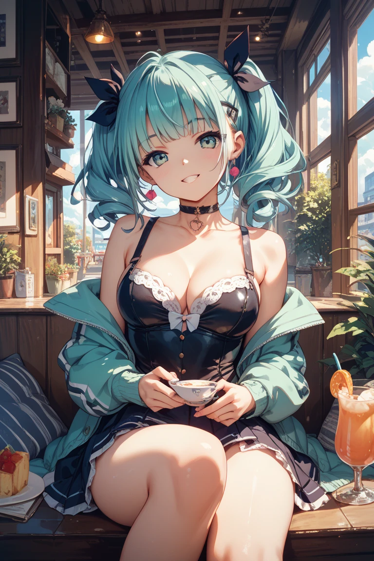 (from below:1.2),(from side:0.9), ((cute Face)), (Close-Up:0.6), ((looking at viewer, holding a icecream)),(japanese langagemagazine cover:1.4), highest quality、(real、photorealistic:1.5),(ultra high resolution, ubel,dark green hair,long hair,side ponytail,hair between eyes,bangs, (beret, black jacket, open clothes, cleavage, midriff, black shorts, black thighhighs, thigh strap, fingerless gloves, single glove:1.2), (double breasted,under bust:1.2), sitting at a table, cute, anime visual of a cute girl, cute anime girl, eating cakes, young anime girl, guweiz, high quality anime artstyle, anime girl, artwork in the style of guweiz, beautiful anime girl, pretty anime girl, (anime girl), official artwork,(with sparkling eyes and a contagious smile),her thin pubic hair, looking at viewer, pose muy sexy"