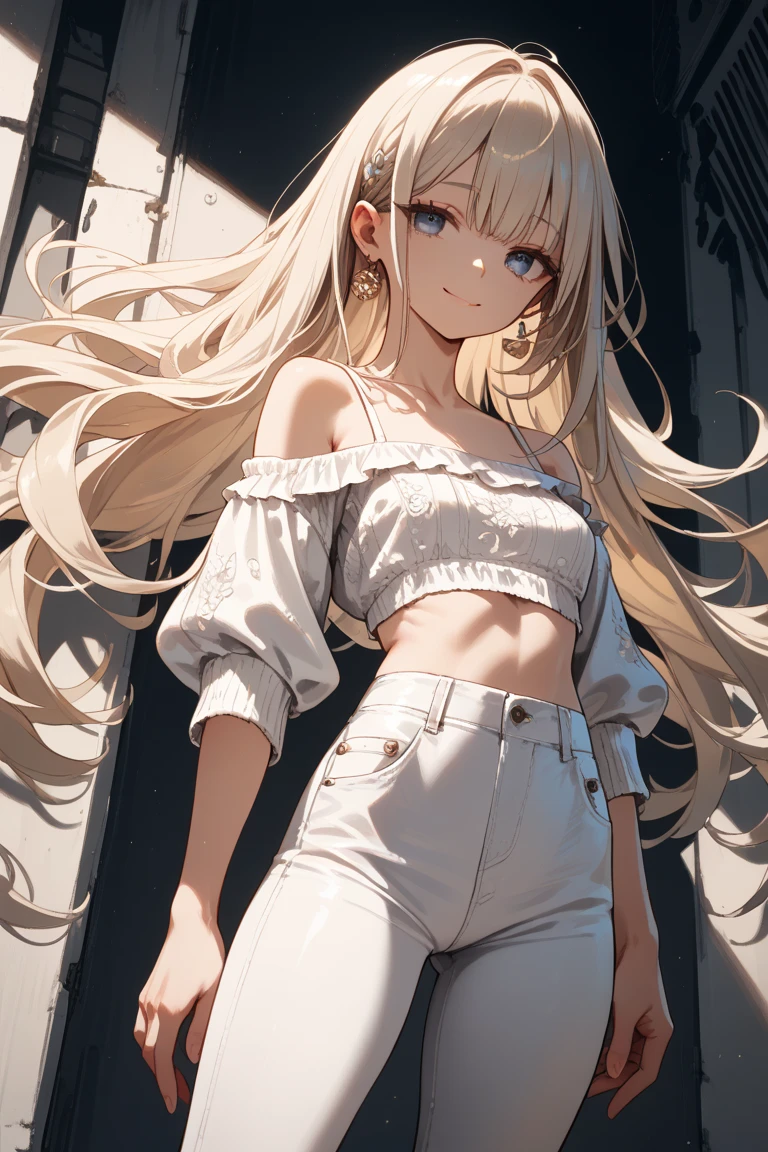 masterpiece, ultra detailed, 8k portrait, RAW photo, portrait photography, Highly detailed face, beautiful and meticulous eyes, (amber color eyes:1.5), 15 years old, smile, standing in the theme park, (white thin T-shirt:1.5) and (LowriseXL blue shorts:1.5), (navel:1.2), (put on knee length long white knit thin coat:1.5), cute girl, long hair, (white blond shoulder length hair:1.5), show forehead, one side parted hair, hairpin, (sleepy face:1.2), young girl, 1girl, cute girl, pretty girl, portrait of cute girl, 159cm, 41kg, slim:1.5, flat chest:1.5,