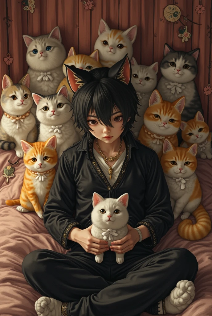 A young man and three little kittens,3 kittens,A young man surrounded by small kittens,Fresh young man,A young man with a lovely, gentle smile,Young man with his mouth wide open,Cats surround the screen,Cat smiles too,color々Kittens of all kinds,A bright, sunny room,Inside the room,On the bed,Black-haired man,Straight hair man,Male around 20 years old,anime