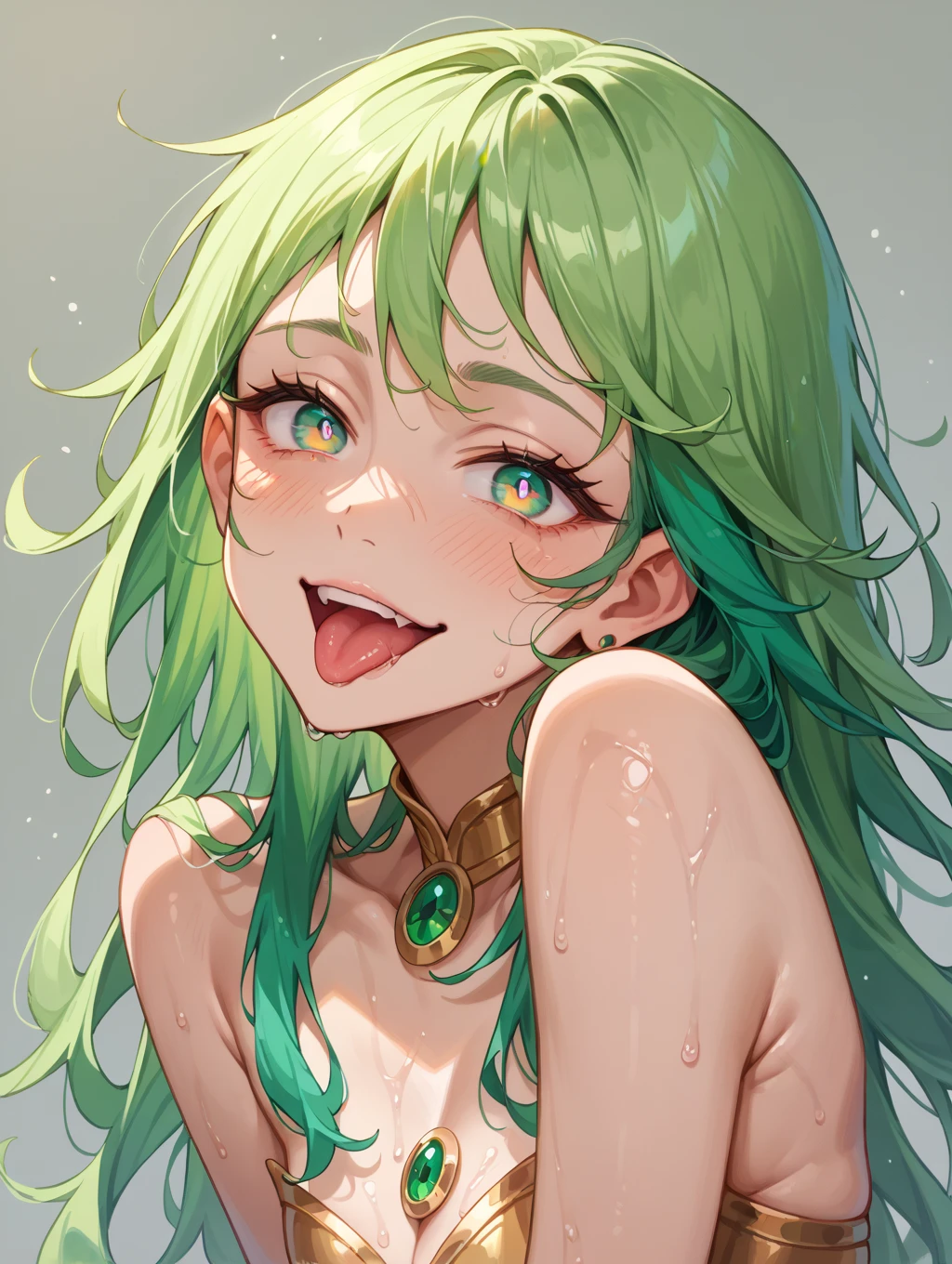 tatsumaki in combat, (masterpiece, best quality, highres), (petite), green magic, (1girl, solo), slant eyes, sharp look, flying, sky, looking down, threatening, (small pupils), art, NFSW, show breast, flat chest, semi nude, sexy, lewd, seductive, lewd smile, wet, vagina, masturbate